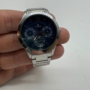Titan Mens Silver Tone Blue Dial Multifunction Watch 50M WR Needs Battery
